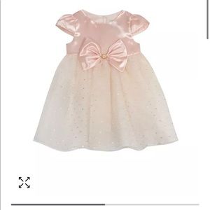 EUC Rare Editions Girls Pink SatinDress with Gold Organza Dot Skirt 3-6 months
